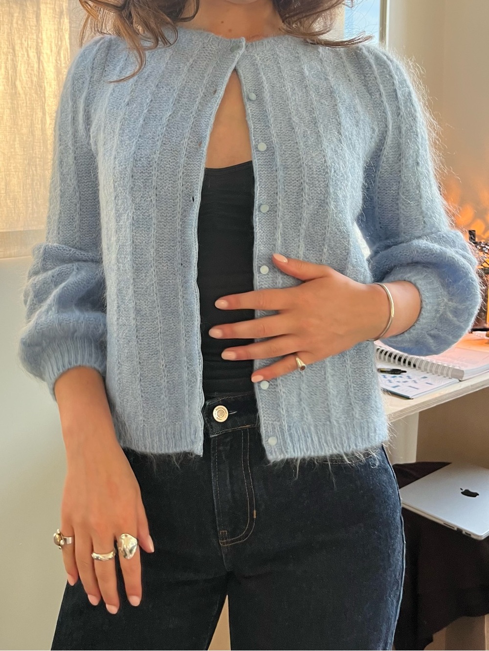 Sezane Soft Ribbed Mohair-Blend Button Cardigan, Baby Blue, XXS